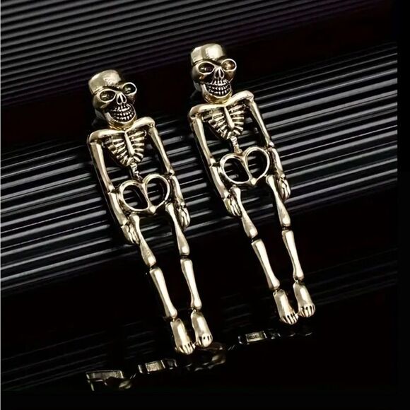 Halloween Dangle Skeleton Earrings In Brushed Gold - Picture 2 of 3